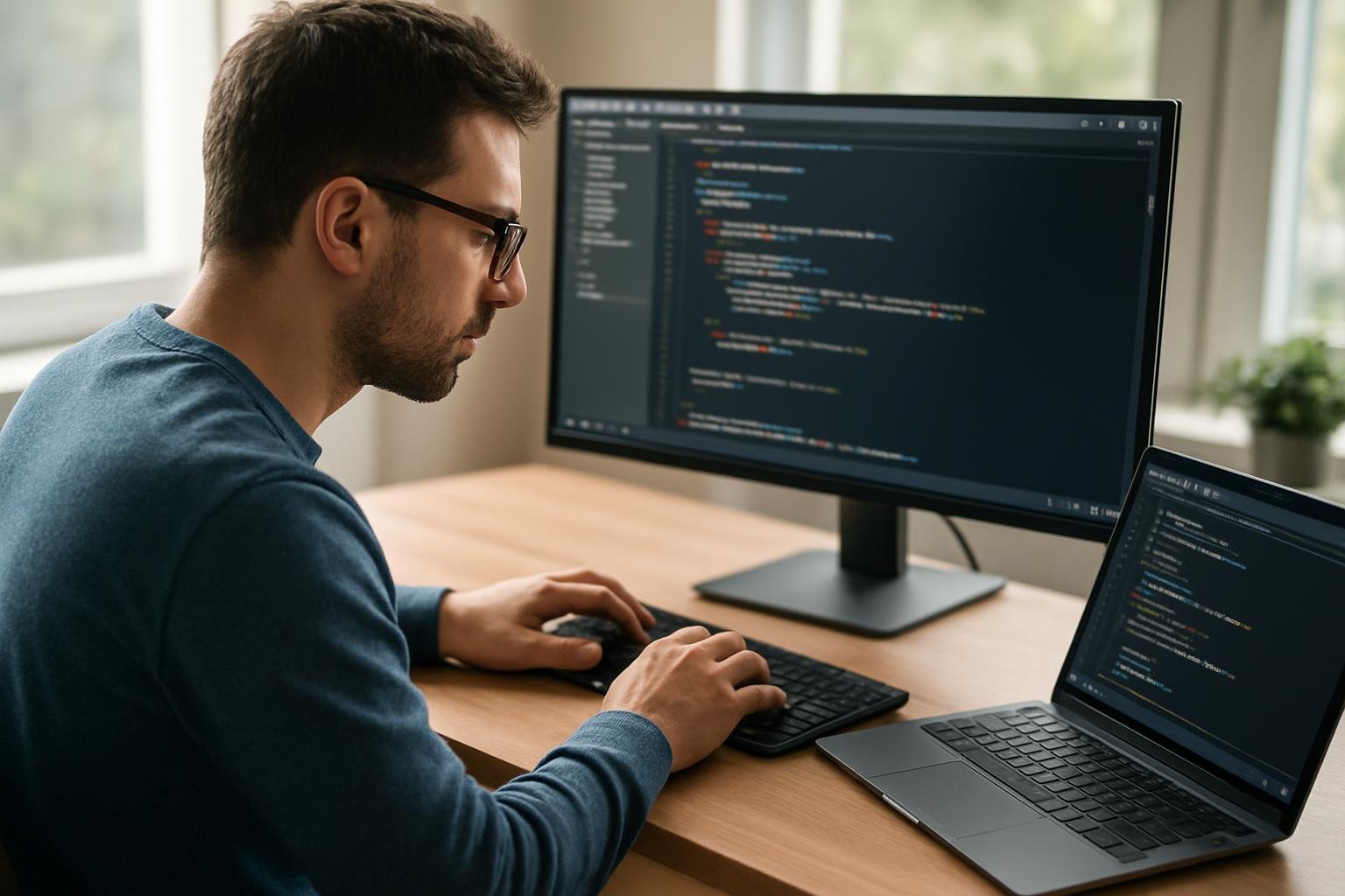 Fejlesztő kódot ír laptopon és asztali monitoron generatív MI segítségével