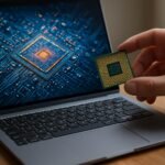 Kézben tartott processzor egy laptop előtt, amely új technológiát képvisel.