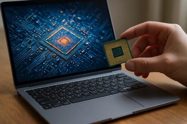 Kézben tartott processzor egy laptop előtt, amely új technológiát képvisel.
