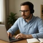 Férfi hibrid munkakörnyezetben laptop előtt, fejhallgatóval.