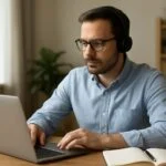 Férfi hibrid munkakörnyezetben laptop előtt, fejhallgatóval.