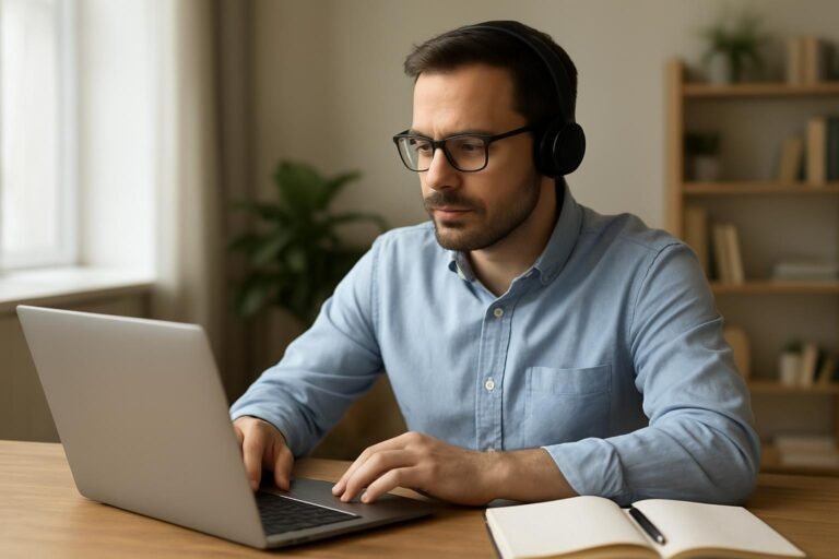 Férfi hibrid munkakörnyezetben laptop előtt, fejhallgatóval.