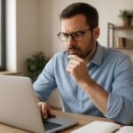 Gondolkodó férfi laptop előtt, a keresőoptimalizálás jövőjéről