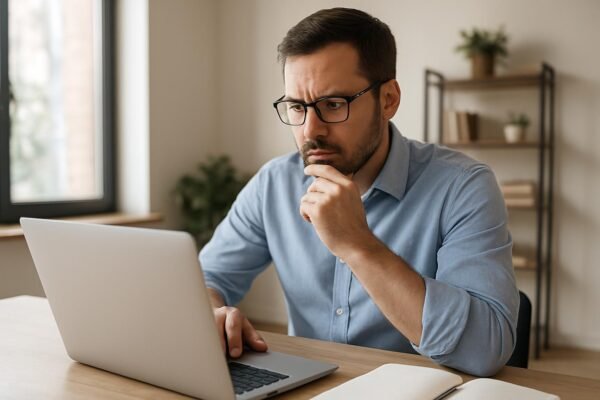 Gondolkodó férfi laptop előtt, a keresőoptimalizálás jövőjéről
