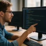 Programozó kódfelülvizsgálat közben számítógép előtt.