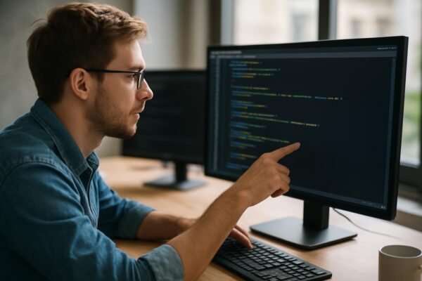 Programozó kódfelülvizsgálat közben számítógép előtt.