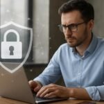 Férfi számítógépen dolgozik, háttérben védett hálózat szimbólumával.
