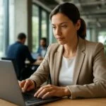 Nő laptop előtt, alacsony kódú és kódmentes platformok témájában dolgozik