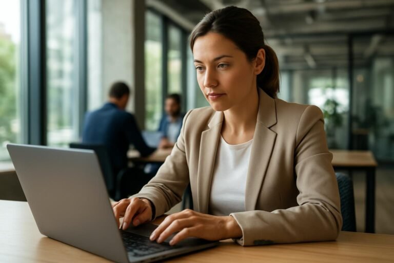 Nő laptop előtt, alacsony kódú és kódmentes platformok témájában dolgozik