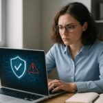 Nő figyel laptopján, amelyen védekezési jelek láthatók a dezinformáció ellen.