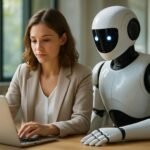 Egy nő dolgozik a laptopján, mellette egy autonóm AI robot segít.