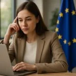 Egy nő a laptopján dolgozik, mögötte az EU zászlóval.