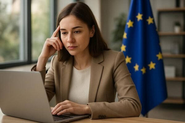 Egy nő a laptopján dolgozik, mögötte az EU zászlóval.