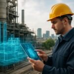 Mérnök digitális ikerpárral egy ipari környezetben, tableten