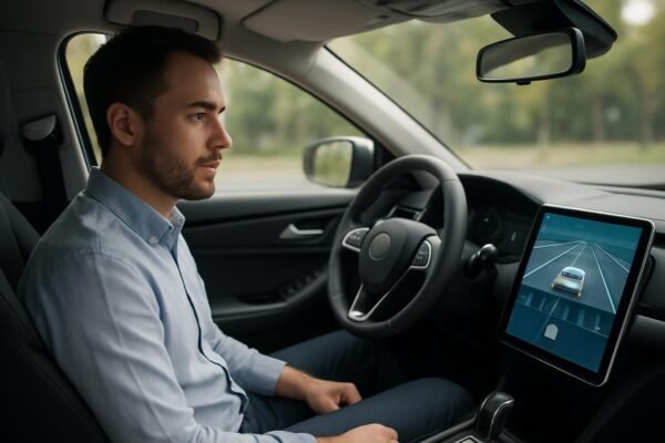 Férfi az önvezető autóban, vészhelyzeti döntéseket elemző szoftverrel.