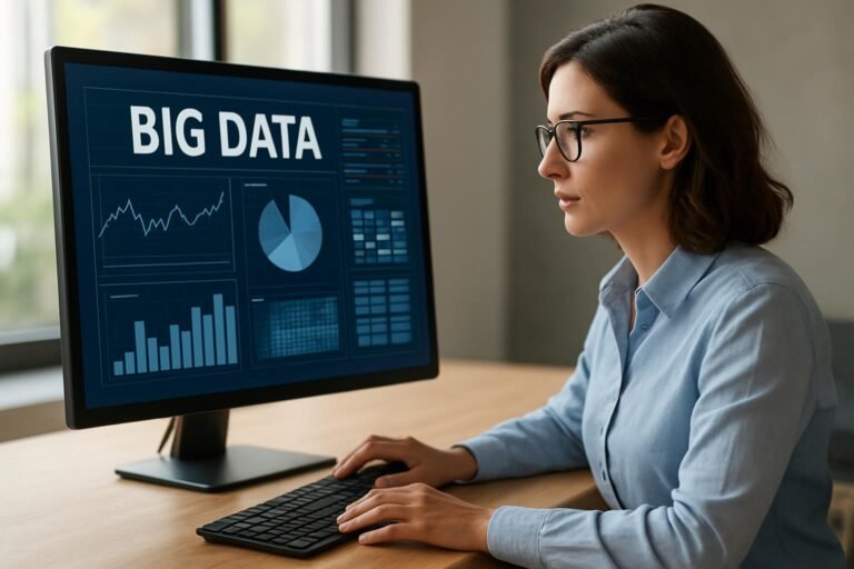 Nő dolgozik Big Data analitikával számítógépen