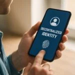 Egy férfi a telefonján decentralizált identitásról szóló alkalmazást használ.