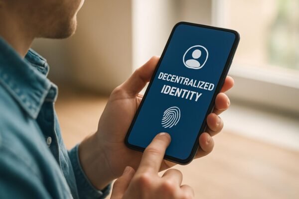 Egy férfi a telefonján decentralizált identitásról szóló alkalmazást használ.