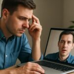 Férfi, aki aggódik a deepfake videó miatt laptopján.