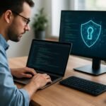 Fejlesztő biztonságos CI/CD folyamatokhoz dolgozik a számítógépén.