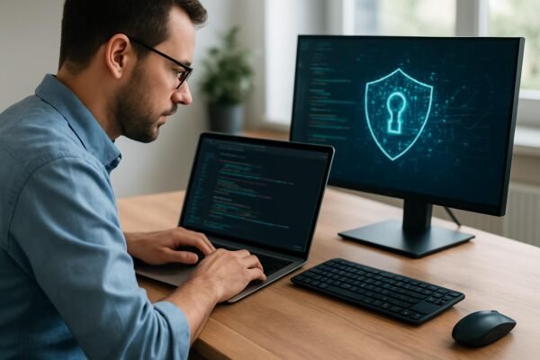 Fejlesztő biztonságos CI/CD folyamatokhoz dolgozik a számítógépén.