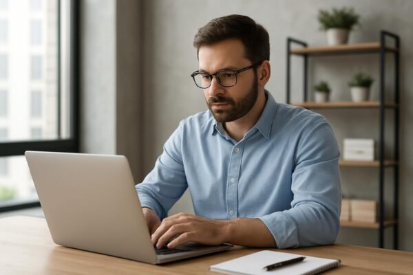 Férfi dolgozik laptopon, tükrözve az edge computing koncepcióját.