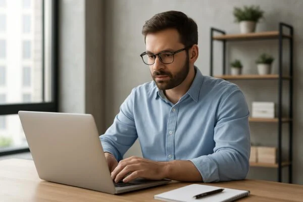 Férfi dolgozik laptopon, tükrözve az edge computing koncepcióját.