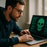 Etikus hackelés szakértő számítógépen, zöld kód háttérrel