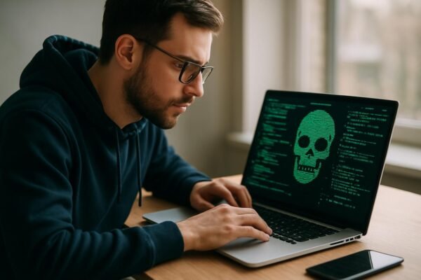 Etikus hackelés szakértő számítógépen, zöld kód háttérrel