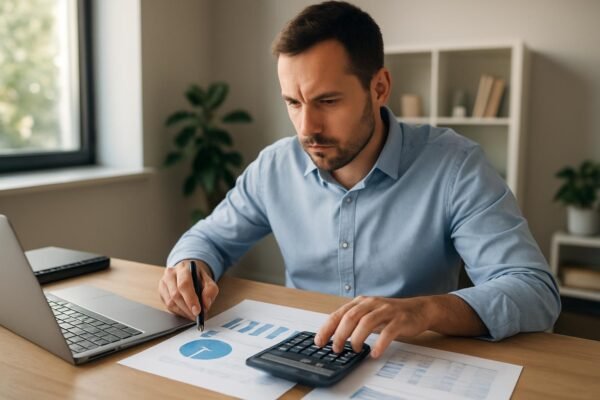 Felhőalapú költségoptimalizálás: férfi számol a számítógép előtt