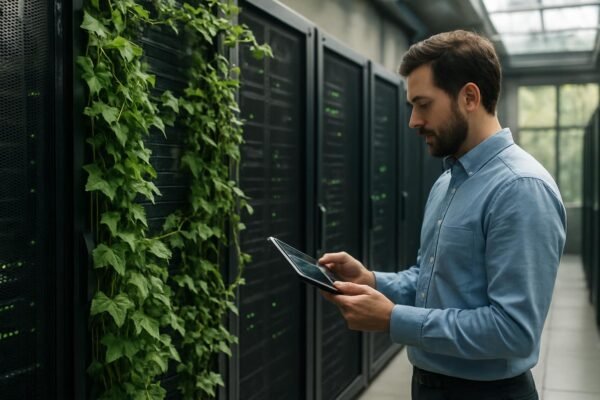 Fenntartható IT megoldások az adatközpontban zöld növények mellett.