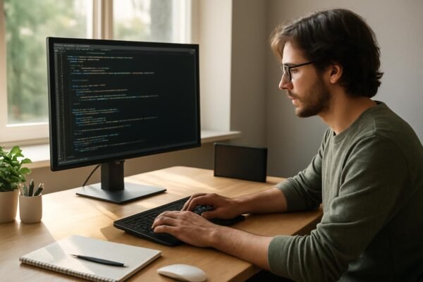 Programozó energiatakarékos kódot ír egy számítógépen.