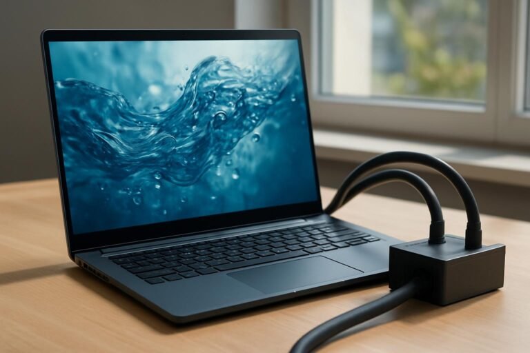 Folyadékhűtéses laptop vízmozgás grafika képernyőn