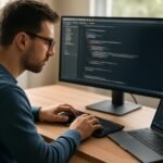 Fejlesztő kódot ír laptopon és asztali monitoron generatív MI segítségével