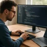 Fejlesztő kódot ír laptopon és asztali monitoron generatív MI segítségével