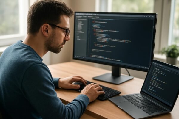 Fejlesztő kódot ír laptopon és asztali monitoron generatív MI segítségével