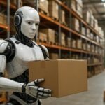 Humanoid robot holding a box in a logistics warehouse.