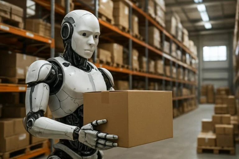 Humanoid robot holding a box in a logistics warehouse.