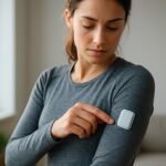 Nő intelligens textillel az armán, egészségmonitorozás közben