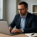 Férfi üzletember számítógépet használ az IT-biztonsági megfelelőség előkészítése során.