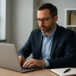 Férfi üzletember számítógépet használ az IT-biztonsági megfelelőség előkészítése során.
