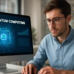 Férfi kvantumszámítógépen dolgozik, a képernyőn kvantuminformatikai grafika látható.