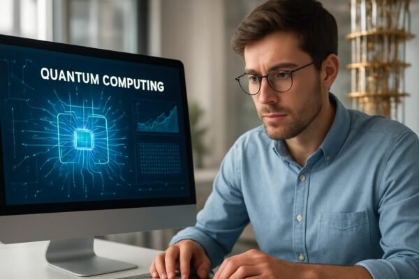 Férfi kvantumszámítógépen dolgozik, a képernyőn kvantuminformatikai grafika látható.