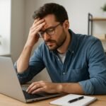 Férfi, aki stresszel dolgozik számítógépen távmunka közben