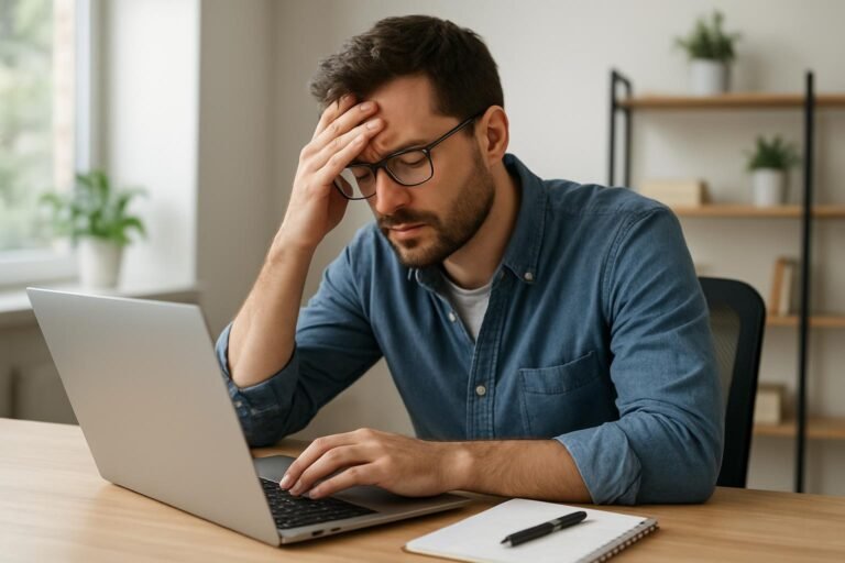 Férfi, aki stresszel dolgozik számítógépen távmunka közben