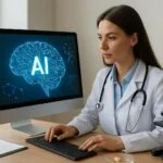 Orvos mesterséges intelligenciát használ a diagnosztikához és gyógyszerkutatáshoz.