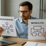 Férfi a mikroszolgáltatások és monolit architektúrák összehasonlításáról beszél.