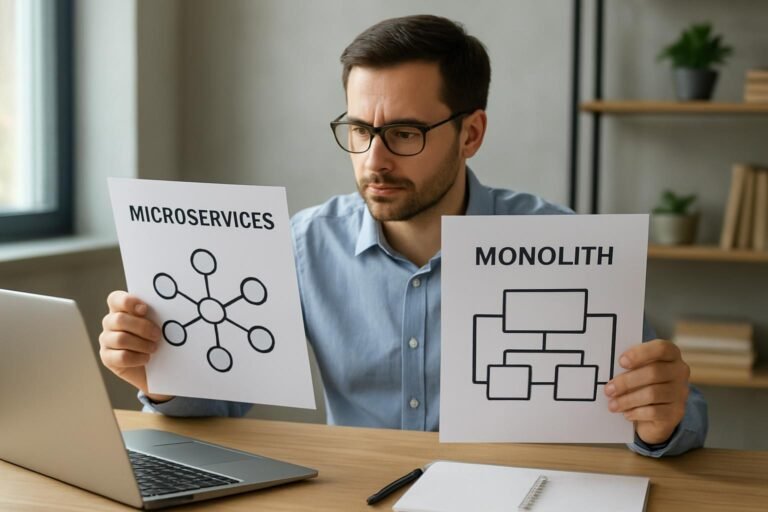 Férfi a mikroszolgáltatások és monolit architektúrák összehasonlításáról beszél.