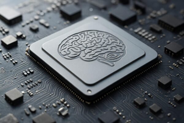 Neuromorfikus chip grafikája az agy mintázatával