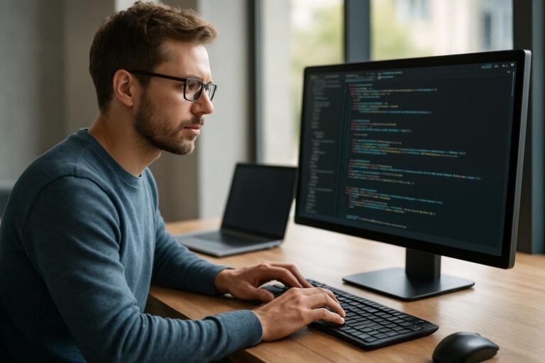 Fejlesztő kódolás közben egy modern munkahelyen.